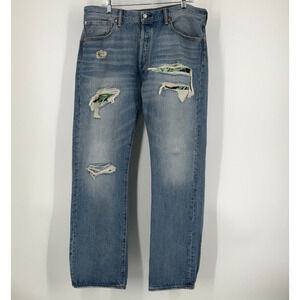 Levis 501 Jeans W38 L32 Light Wash Distressed Floral Patch Festivalcore Grunge